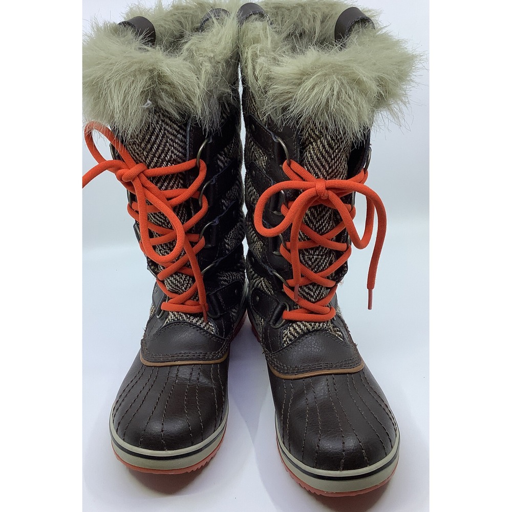 Sorel Tofino Women's 8.5 Herringbone Brown Orange Lace Up Fur Trim Snow Boots